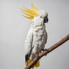 "A cockatoo with its vibrant yellow crest, perched on a twig, white background."