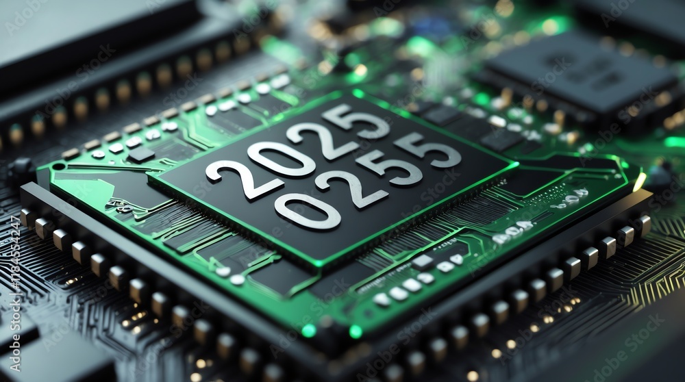 Aufkleber a close-up of a microchip with the numbers 2025 and 0255, showcasing circuit design.