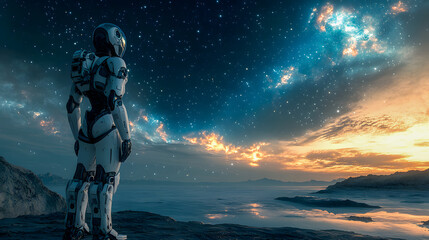 Naklejka premium Futuristic robot standing by a tranquil alien lake under a starry sky at sunset.