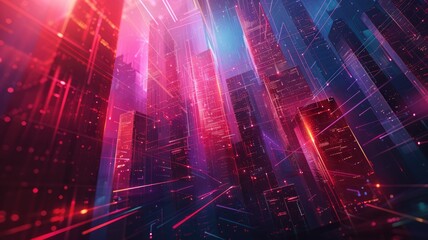 Fototapeta premium Abstract picture with digital style scenery, high tech building scatter around glow fantasy neon light. Cyberspace scene with technology design construction and electric particle flow around. AIG53.