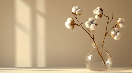 Minimalist cotton branches in glass vase against soft beige background with sunlight shadows.