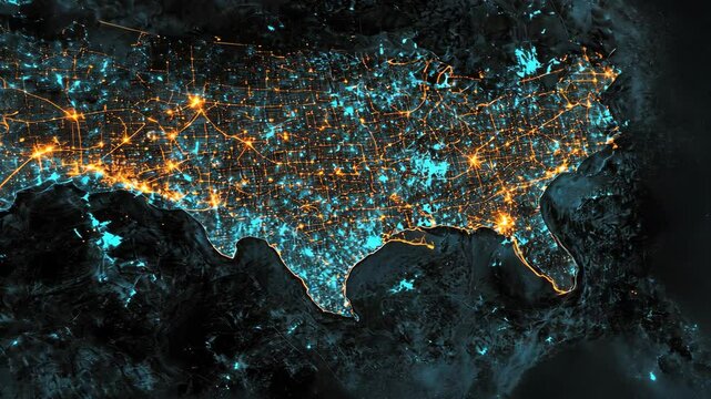 Detailed nighttime satellite view of the southeastern United States showcasing urban and natural landscapes