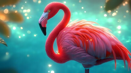 A detailed digital rendering of a flamingo with bright pink feathers, standing gracefully against a...