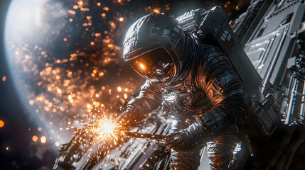 Astronaut in a dark space suit performing welding on a spacecraft exterior, sparks flying, with Earth illuminated in the background.