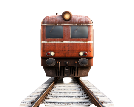 vintage red train on isolated transparency background, showcasing its rustic charm and classic design. front view highlights its weathered exterior and iconic features