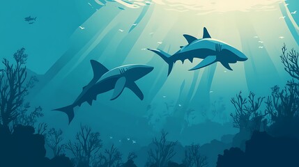 Obraz premium Sharks swim over coral reef in blue ocean