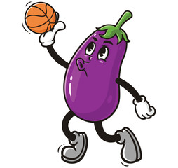 Eggplant playing slam dunk basketball,       Cartoon Character Mascot Illustration Vector Clip-art Hand-drawn Logo Design