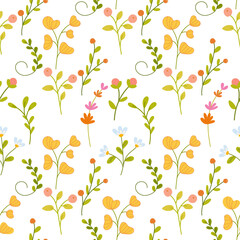 Colorful floral pattern featuring tulips, lilies, and small wildflowers on a light background creating a vibrant design