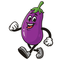 Walking Eggplant Cartoon Character Mascot Illustration Vector Clip-art Hand-drawn Logo Design