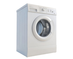 white washing machine with front loading design is isolated transparency background, showcasing its modern and sleek appearance. control panel features various settings for efficient laundry care