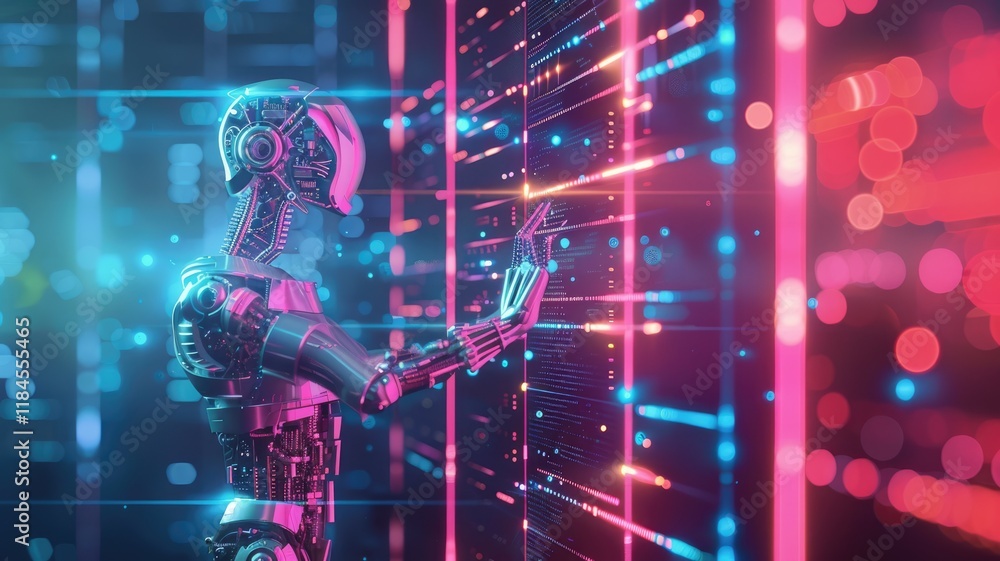 Poster a futuristic robot engages with a vibrant digital interface, showcasing advanced technology and inte