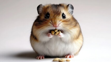 A cute hamster holding seeds, showcasing its adorable features and playful nature.