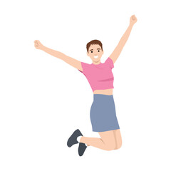 Happy surprised woman in jeans skirt jumping. Flat vector illustration isolated on white background