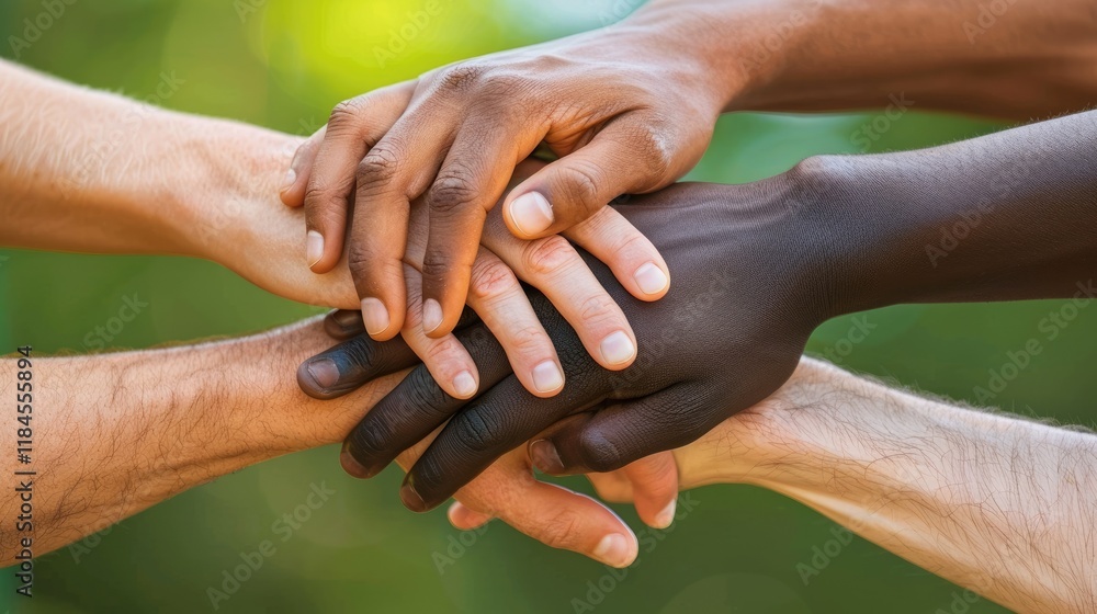 Poster a vibrant image of diverse hands stacked together symbolizes unity and collaboration. this visual re