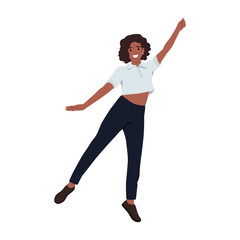 Happy woman jumping up and celebrating her success and victory. Flat vector illustration isolated on white background