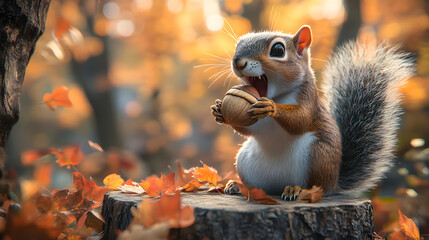 Obraz premium squirrel holding an acorn on a tree stump surrounded by colorful autumn leaves in a forest during fall season.