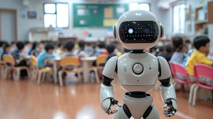 Robot standing in elementary or primary kindergarten school classroom full of toddler preschool...