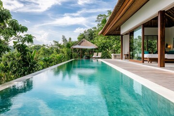 A tranquil Balinese villa in Ubud with an infinity pool overlooking a dense tropical forest