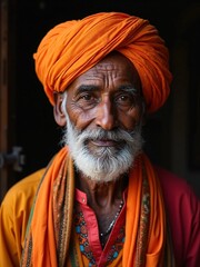  portrait of an elderly man with dark brown skin, wearing a traditional Indian turban and a colorful kurta