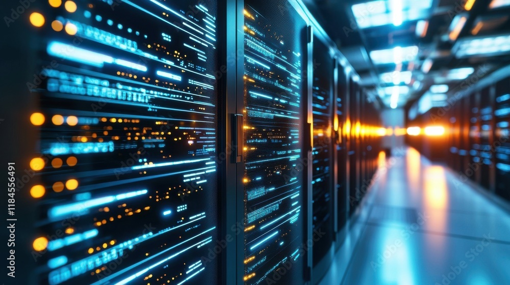 Poster futuristic data center server room with intricate network of illuminated cables and blinking lights
