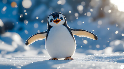 Fototapeta premium cute penguin spreading its wings while standing on sparkling snow under soft sunlight, surrounded by falling snowflakes in a winter wonderland.