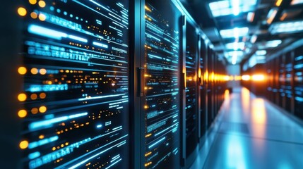 Fototapeta premium Futuristic Data Center Server Room with Intricate Network of Illuminated Cables and Blinking Lights