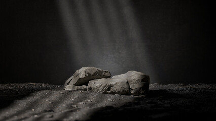 A bottle of perfume is sitting on a rock. The bottle is blue, and the rock is grey premium photo 3d render