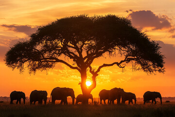 a herd of elephants under a tree at sunset 