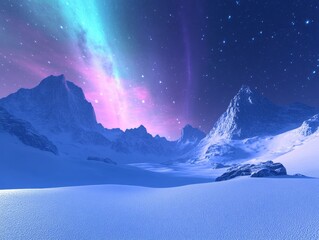 Celestial Aurora Illuminates Snowy Mountain Peaks