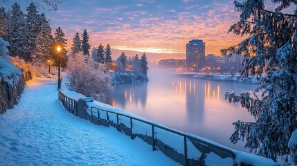 Fototapeta premium Winter sunrise over a river with snow-covered trees and buildings. Pathway and railing in the foreground.