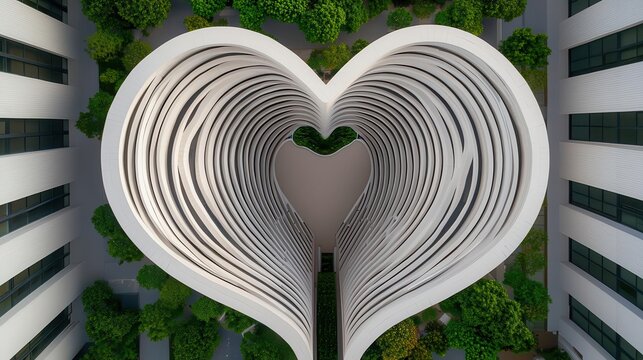 Architectural design of a twintower complex forming a heart shape when viewed from above, celebrating unity