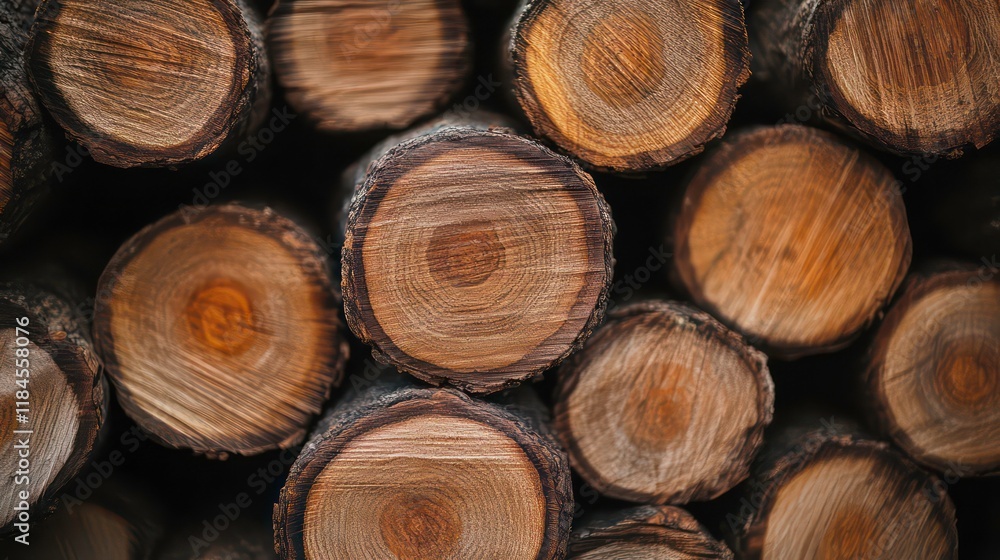 Poster close-up of stacked, cut tree logs showing concentric rings and textures.