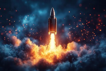 Obraz premium digital innovation concept laptop screen transforming into dynamic rocket launch representing business startup success on modern blue background