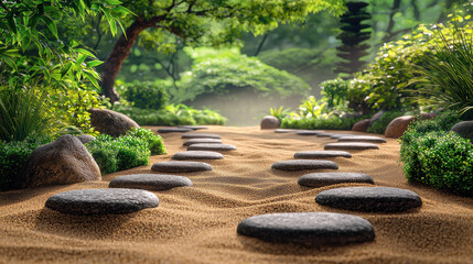 serene Zen garden featuring smooth stones, lush greenery, and soft sand