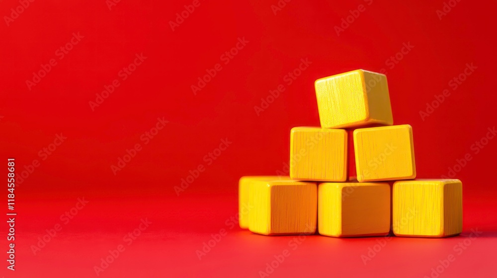Poster yellow wooden cubes displaying a pay per click message on a red background serve as a conceptual sym