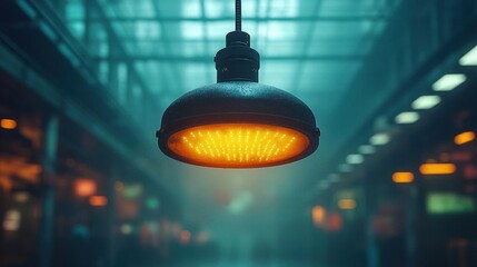 Rainy Night Cityscape with Glowing Industrial Lamp