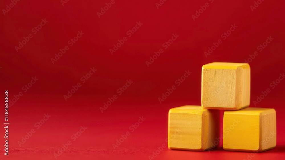 Poster yellow wooden cubes displaying a pay per click message on a red background serve as a conceptual sym