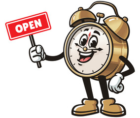 Alarm Clock with Open sign,      Cartoon Character Mascot Illustration Vector Clip-art Hand-drawn Logo Design