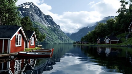 Fototapeta premium A row of red cabins sitting on the shore of a body of water