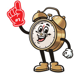 Alarm Clock with Foam finger,      Cartoon Character Mascot Illustration Vector Clip-art Hand-drawn Logo Design