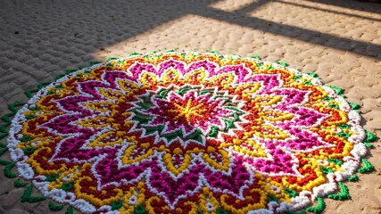 Pongal rangoli with colored rice flour and fresh flower petals arranged in a circular pattern on an earthen floor, illuminated by soft sunlight.

