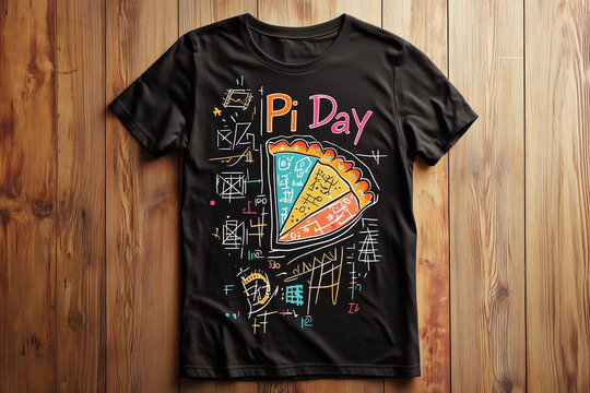 Vibrant graphic illustration on a black t-shirt featuring a colorful pie slice and "Pi Day" text surrounded by math symbols against a wooden tabletop backdrop