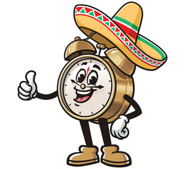 Alarm Clock with Sombrero,     Cartoon Character Mascot Illustration Vector Clip-art Hand-drawn Logo Design