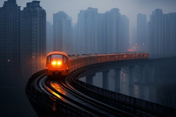 An elevated urban train track with trains passing by, surrounded by densely packed apartment buildings