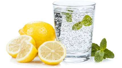 Refreshing Sparkling Water with Lemon and Mint: A Crisp, Clean Image