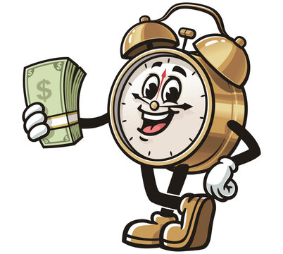recommend clip art: Alarm Clock holding cash,       Cartoon Character Mascot Illustration Vector Clip-art Hand-drawn Logo Design