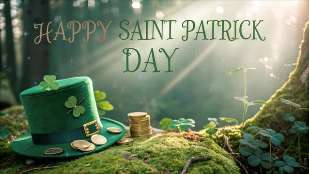  hat,gold coin, and clover in the junggle, greetings card with text Happy Saint Patrick Day.