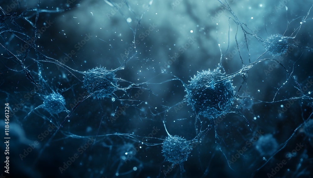 Aufkleber Microscopic View of Neurons in a Dark Blue Background, Depicting the Intricate Connections and Structures of Neural Networks in a Sci-Fi Style