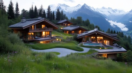 Fototapeta premium Mountainside chalets illuminated, serene alpine vista