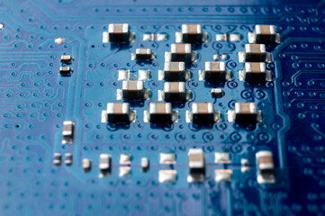 Macro photo of printed circuit board with SMD components